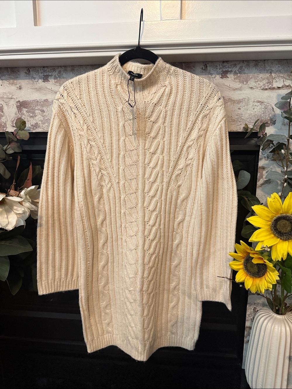 Express Cream Cable Knit Zip Mock Sweater